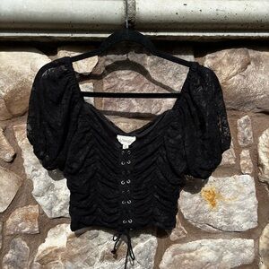 Meraki Lace Crop Top Medium Black Corset Lace-up Puff Sleeve Dark Coquette